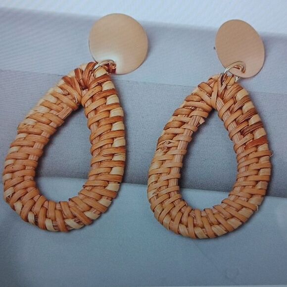 New Ratten Straw Wicker Braid Drop Dangle Statement Earrings - Picture 2 of 5